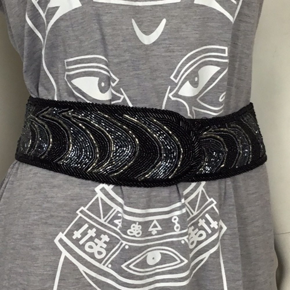 Vintage 1980s Jeromes Black 7 Silver Beaded Belt, Women’s Size Small